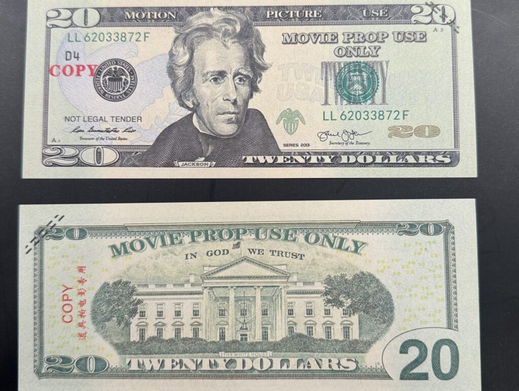 Realistic prop money 20 dollar bills stacked for film and video production